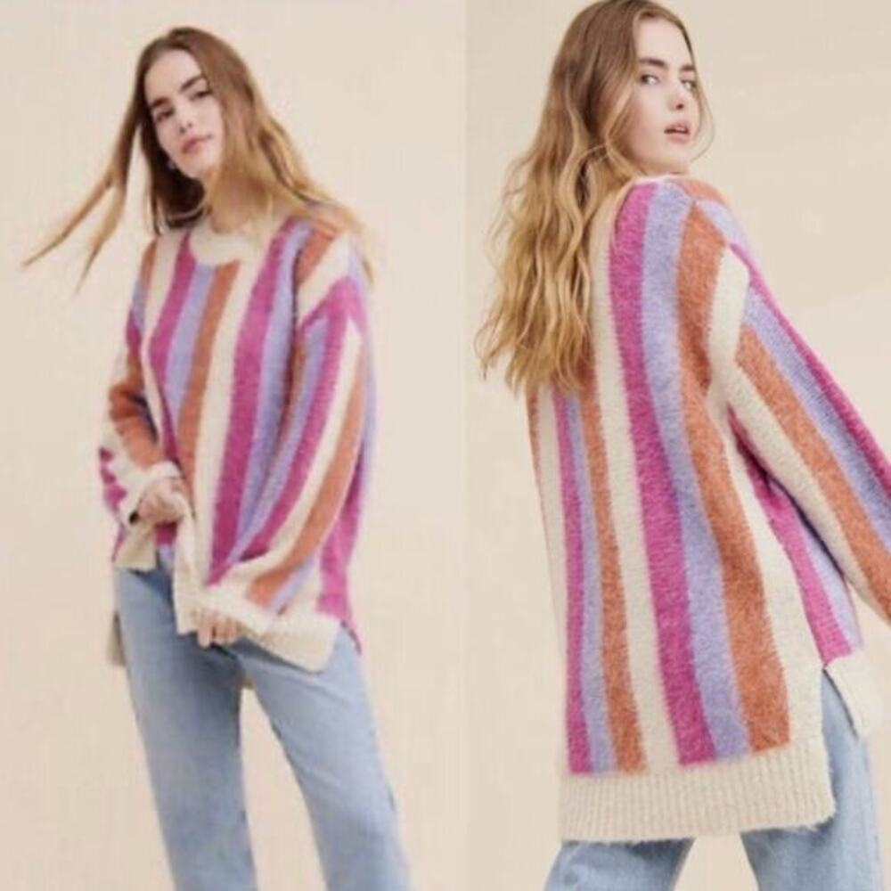 NEW Anthropologie Moon River Striped Hi Lo Pullover Sweater Violet Multi Sz XS